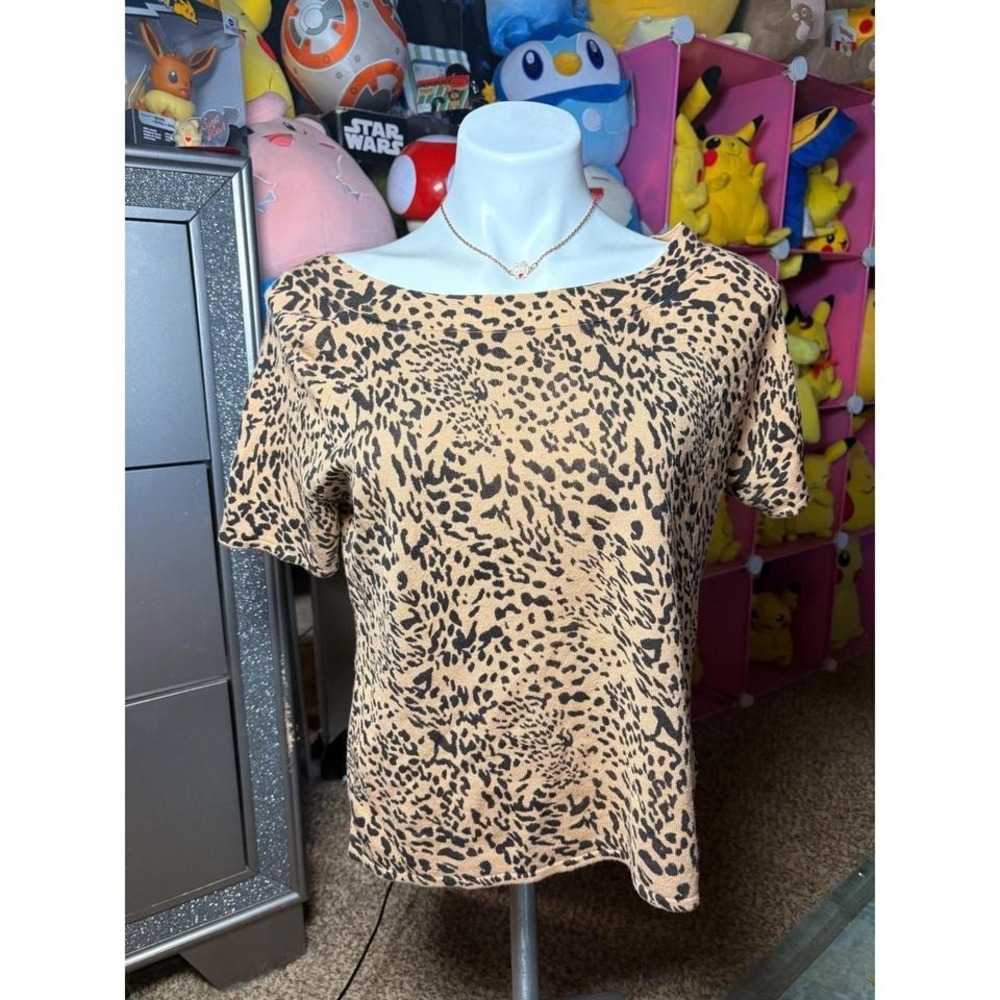 Worthington Womens Leopard Print Short Sleeve Sweater Top Tan Black Large #2
